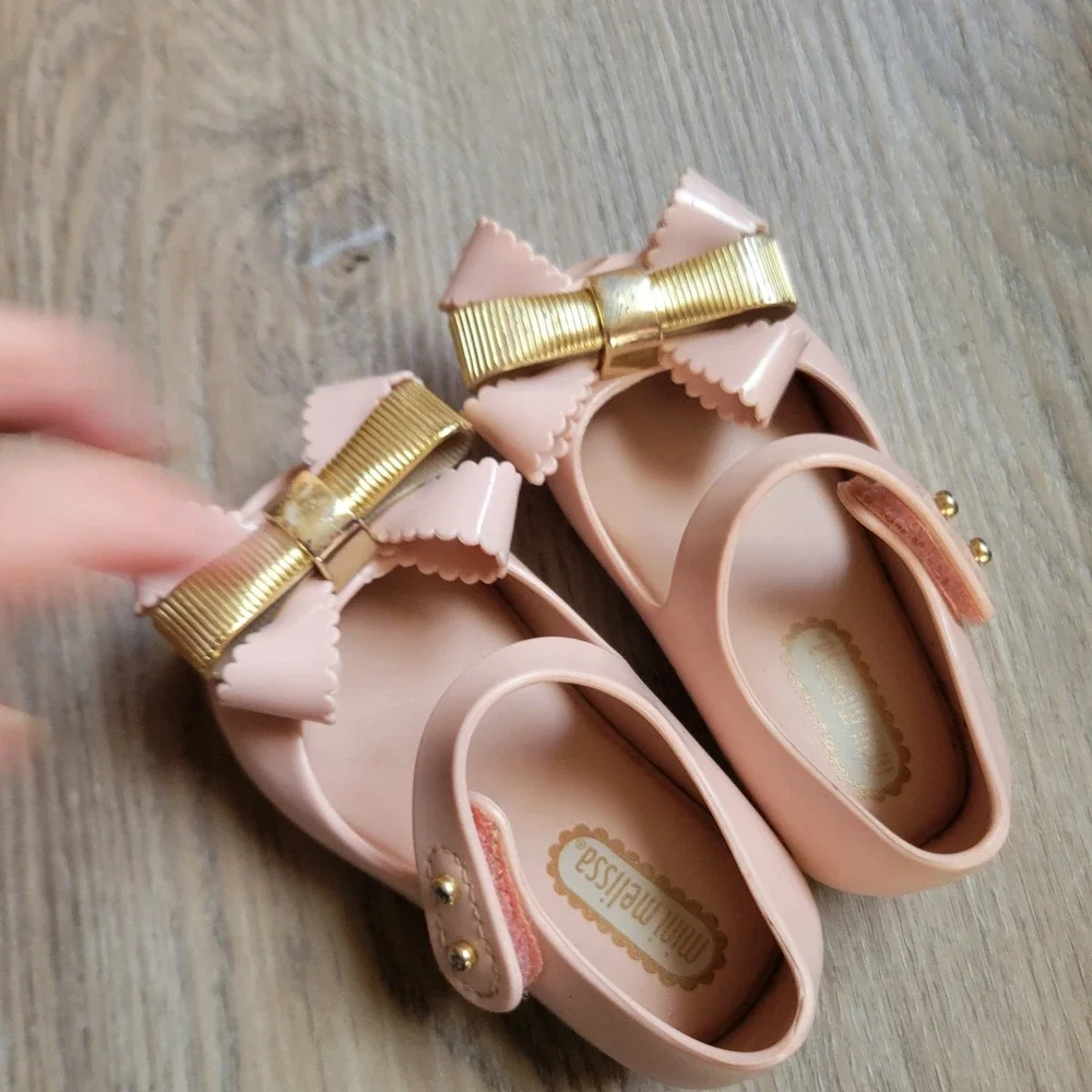 Mini Melissa Girls Mary Jane 5 Pink Gold Bow Jelly Dressy Party Shoes